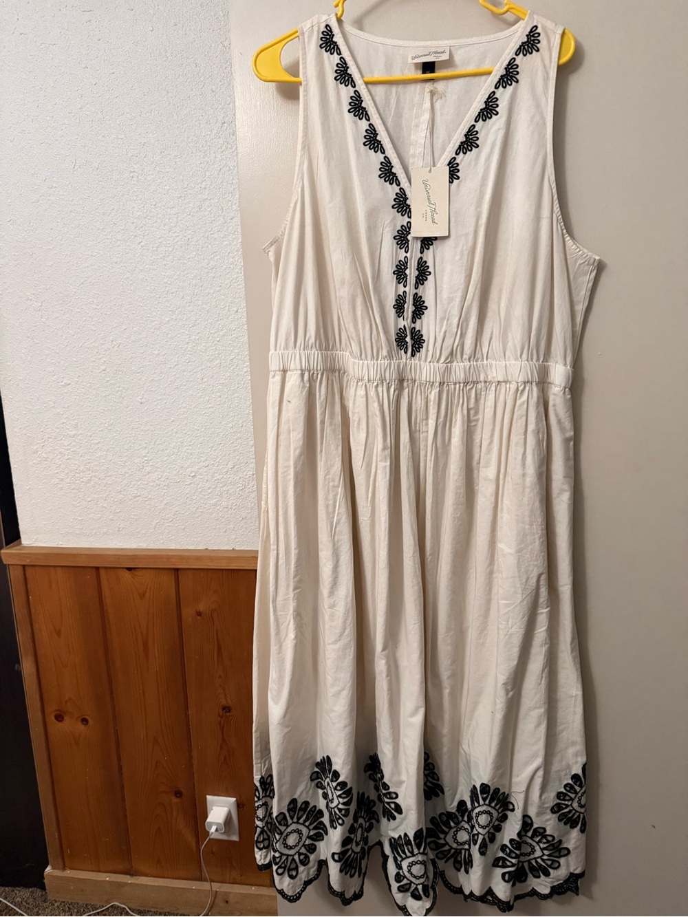White Sleeveless Embroidered Midi Dress - Black Floral Trim